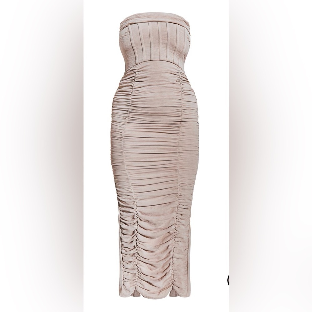 PrettyLittleThing Stone Bandeau Cowl Detail Ruched MIDI Dress Size 0 - Picture 2 of 16